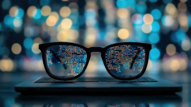 A pair of smart glasses with digital display sitting in front of a laptop