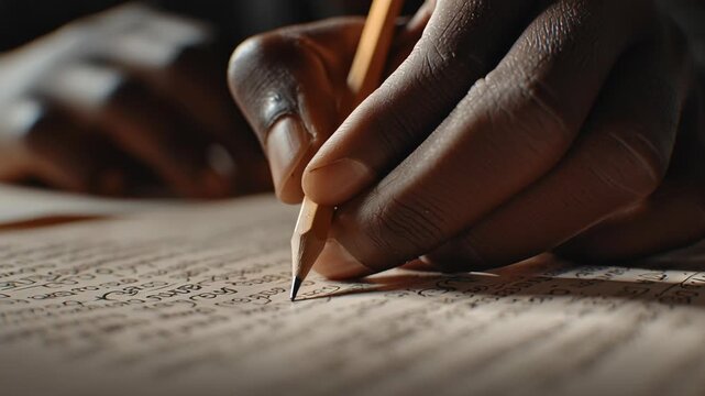 Close-up of an Indian student erasing a pencil-written answer and rewriting carefully, paper filling the frame, warm brown skin tones, shallow depth of field, persistence and effort