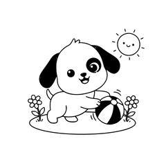 Naklejka premium Cute puppy playing with beach ball on sunny day with flowers