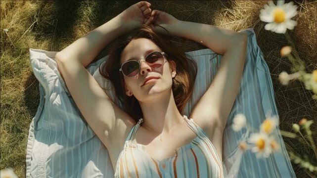 This is a of a woman lying on her stomach and enjoying the sun outdoors. She appears relaxed, wearing sunglasses to protect her eyes from the sunlight.