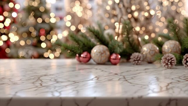 Christmas background with marble table and holiday decorations