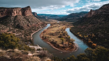 A deep brown river winding through a valley, serene and earthy