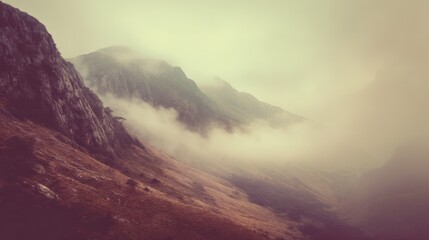 A 1970s-inspired beige mountain landscape with soft fog, nostalgic feel