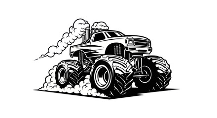 Monster Truck with Big Tires and Smoke, Retro Cartoon Style © siti