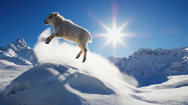 A white sheep is jumping in the air. The sky is blue and the sun is shining brightly