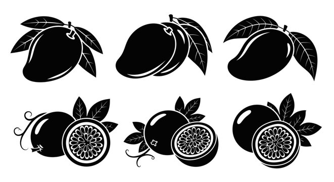 Mango and Passion Fruit Silhouettes - Tropical Fruits Set