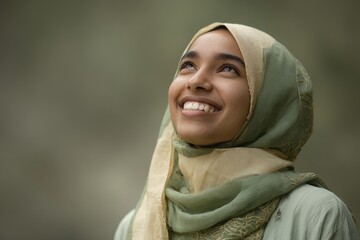 Fototapeta premium Young woman wearing a headscarf looks upward with a radiant expression of joy