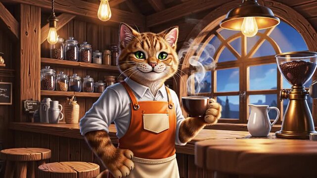 A cat wearing an apron stands in a cozy coffee shop with wooden decor and equipment, viewed from a slight angle near the counter.