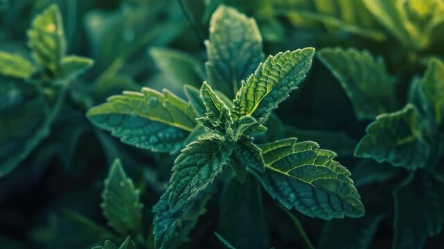 Close-up of a water droplet on the leaf of a green herb, possibly mint or basil.