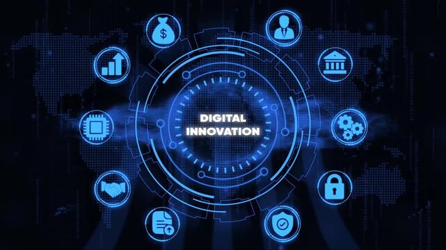 Digital innovation concept with and futuristic interface on dark background with blue neon lights business technology finance