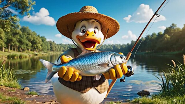 A cartoon duck wearing a hat and holding a large fish by a serene lake on a sunny day with a fishing rod nearby