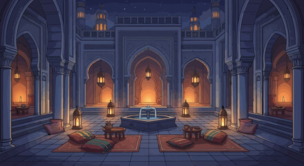 An interior scene of a mosque during Ramadan night with people praying and lanterns lit.