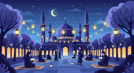 A serene Ramadan night scene with a mosque and people praying under a crescent moon and string lights.