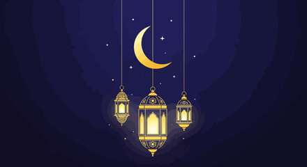 A Muslim family prays together during Ramadan night with mosque lanterns and crescent moon.