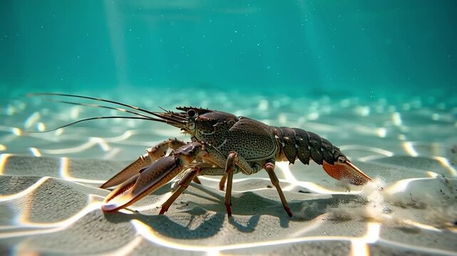 Freshwater Crayfish Foraging on Sandy Riverbed Underwater.