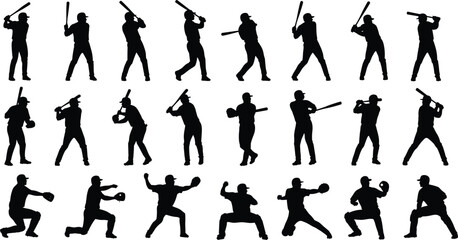 Vector silhouette set of baseball players batting pitching and catching with circus acrobats performing tightrope walks for sports and entertainment themed digital design projects. © Ajmira