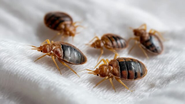 Macro shot of Bed Bugs (Cimex lectularius) on a white textile