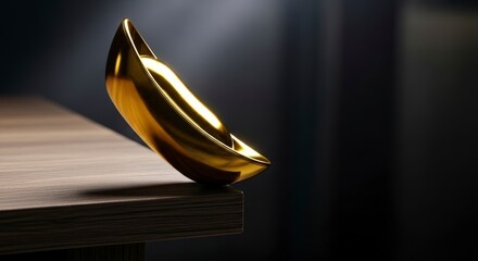 Golden sculpture on wooden table indoors.