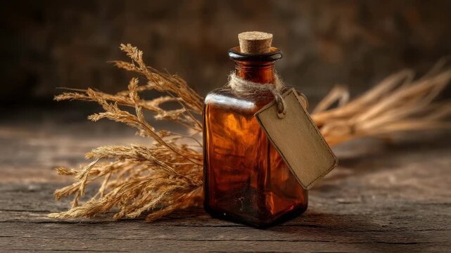 Vintage amber glass bottle with a cork stopper and blank label, surrounded by ears of wheat