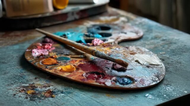 A well-used paint palette with vibrant oil colors and a paintbrush on a textured background