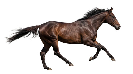 Obraz premium Dark bay horse galloping with flowing mane and tail, full body side view, isolated on white