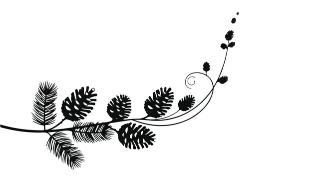 Elegant pine branch with cones and delicate swirling vines on white background