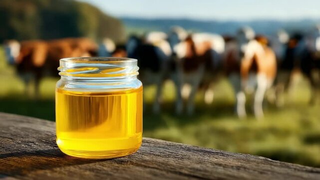 Jar of Ghee butter on a stone against the background of grazing cows in a mountainous landscape