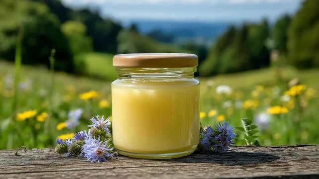 Pure organic cow ghee (clarified butter) in a jar against a summer meadow background