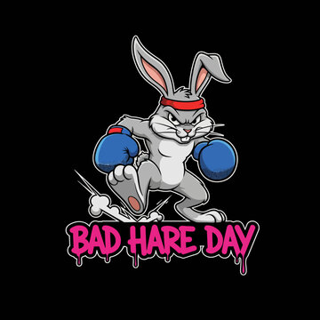 Aggressive Boxing Rabbit Cartoon with Bad Hare Day Text.