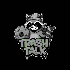 Obraz premium Cartoon Raccoon Character Holding a Disc with Trash Talk Text.