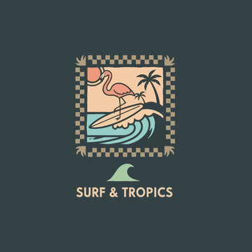 Flamingo Surfing on a Wave with Palm Tree and Sunset in a Checkered Frame.