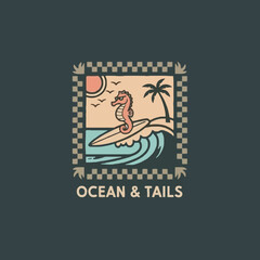 Seahorse Surfing on a Wave with Palm Tree and Sun.