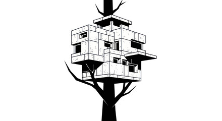 Modern Treehouse Architecture, Abstract Geometric Design, Black and White © Varel