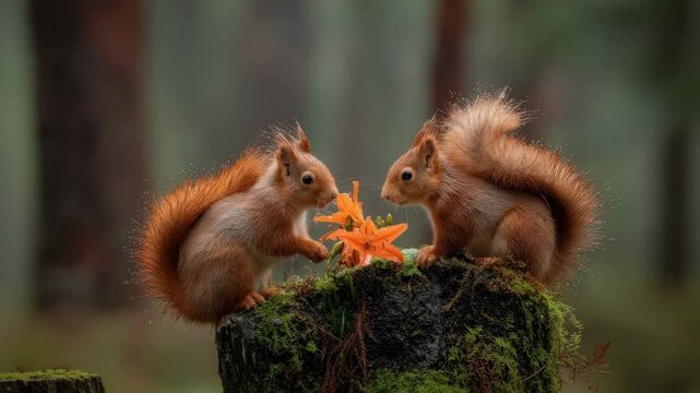 Two red squirrels share a bright yellow flower on a mossy tree stump in the forest