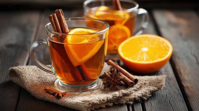 Warm spiced beverage with orange slices and cinnamon stick on a rustic wooden table