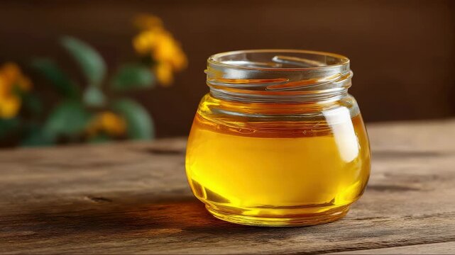 Golden clarified butter or Ghee in a glass jar, with a butter cube and spoon, on a grey background