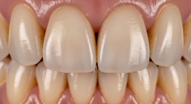 Close-up of caucasian adult teeth showing dental health and hygiene with natural enamel texture and tooth alignment