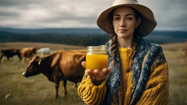 Female farmer holding a jar of clarified butter (Ghee) or honey against the background of cows grazing in a meadow