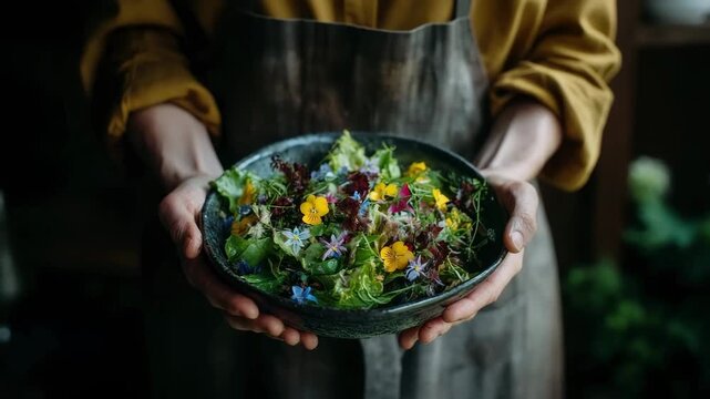 Freshly prepared salad with edible flowers and greens held by a chef/gardener