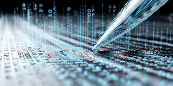 Digital pen writing over a matrix of glowing data streams  