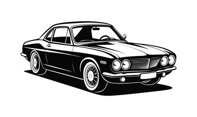 Obraz premium A sleek black and white vintage sports car with a powerful silhouette, showcasing timeless automotive design. 