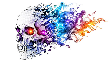 Colorful abstract skull with vibrant smoke isolated on a transparent background