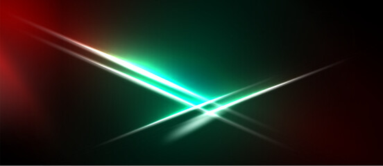 Naklejka premium Abstract light streaks intersect. Red, green hues dominate dark background. Brightness creates dynamic visual effect.