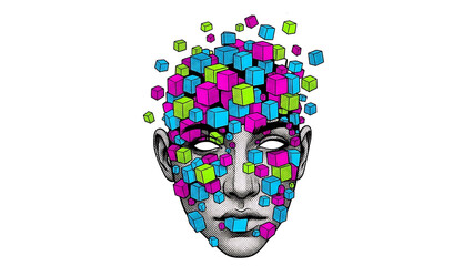 Colorful cubes emerging from a human face isolated on a transparent background