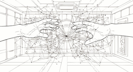 Abstract network visualization with two hands reaching out in a room, representing connection, data, and technology.
