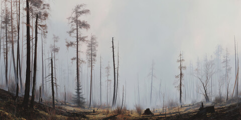 Misty forest landscape with burnt trees in foggy atmosphere  
