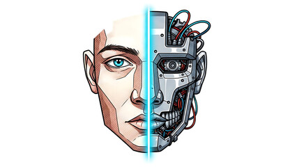Cybernetic face split human robot isolated on a transparent background