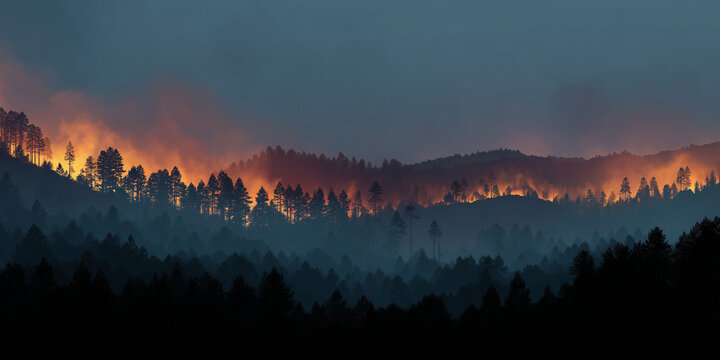 Wildfire spreading across forested hills under dark sky at dusk  