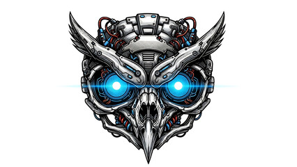 Cyberpunk owl skull with glowing blue eyes isolated on a transparent background