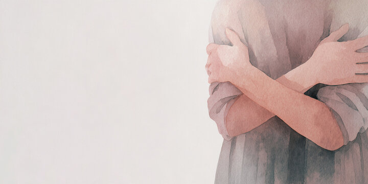 Abstract depiction of arms crossed on soft, pastel background  